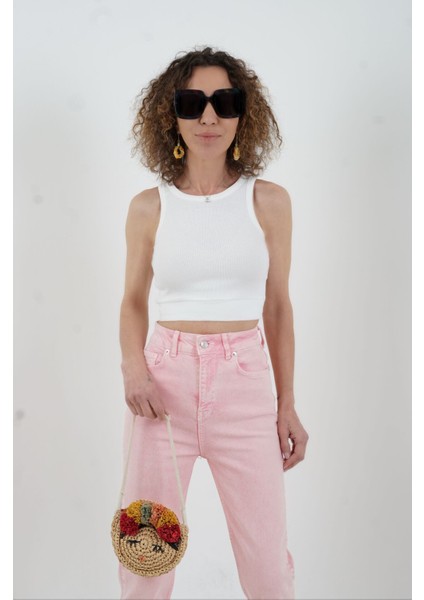 Pembe Paçası Dikişsiz Mom Fit Jean Pantolon fiyatları
