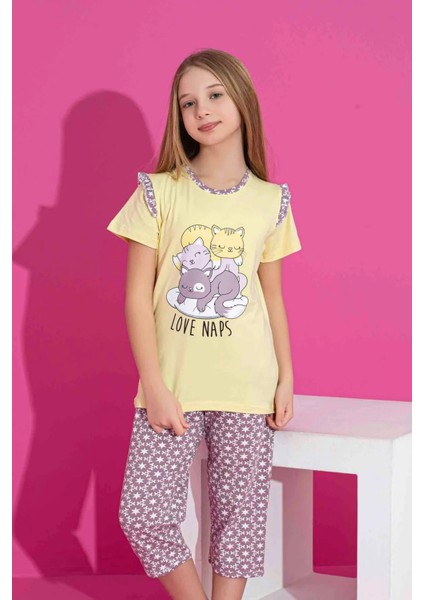 Kız Çocuk Kısa Kollu Kapri Likralı Penye Kumaş Orta Kalın Pijama TAKIMI-3061 fiyatları