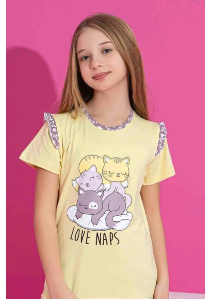 Kız Çocuk Kısa Kollu Kapri Likralı Penye Kumaş Orta Kalın Pijama TAKIMI-3061 modelleri