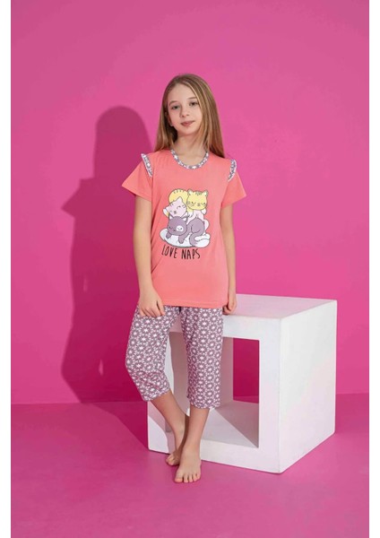 Kız Çocuk Kısa Kollu Kapri Likralı Penye Kumaş Orta Kalın Pijama TAKIMI-3061