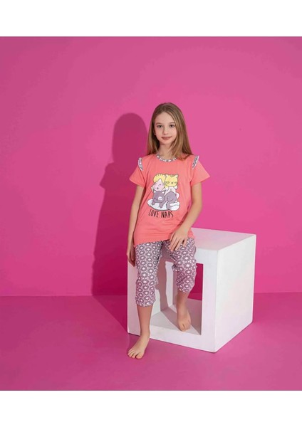 Kız Çocuk Kısa Kollu Kapri Likralı Penye Kumaş Orta Kalın Pijama TAKIMI-3061 fiyatları