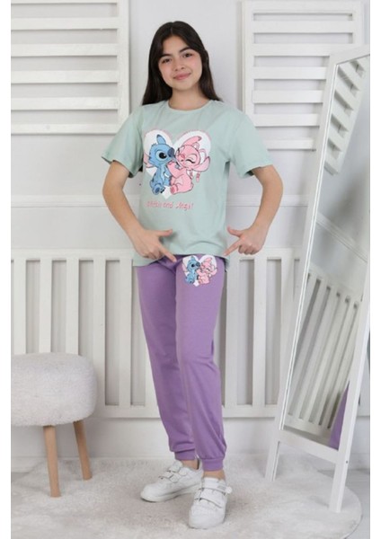 Isob Yeşil Stitch Desenli %100 Pamuk Kız Çocuk Kısa Kollu Pijama Takımı 8-13 Yaş 41415-Y