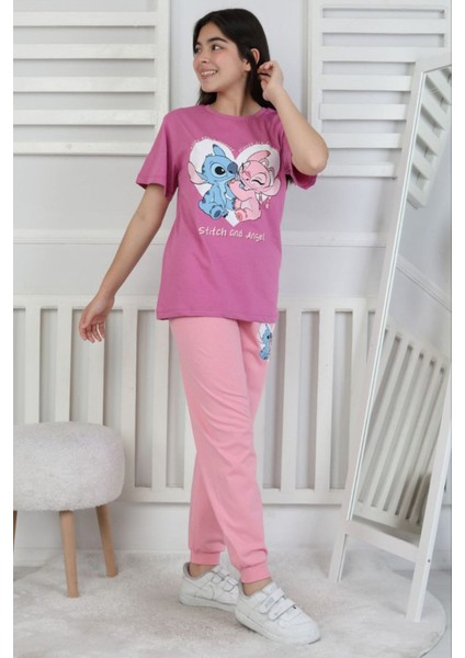 Isob Gül Kurusu Stitch Desenli %100 Pamuk Kız Çocuk Kısa Kollu Pijama Takımı 8-13 Yaş 41415-GK