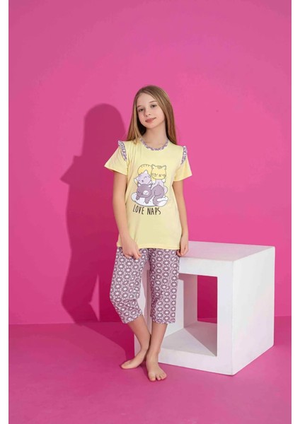 Kız Çocuk Kısa Kollu Kapri Likralı Penye Kumaş Orta Kalın Pijama TAKIMI-3061 fırsatları