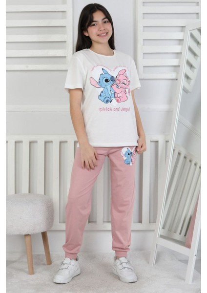 Isob Ekru Stitch Desenli %100 Pamuk Kız Çocuk Kısa Kollu Pijama Takımı 8-13 Yaş 41415-E