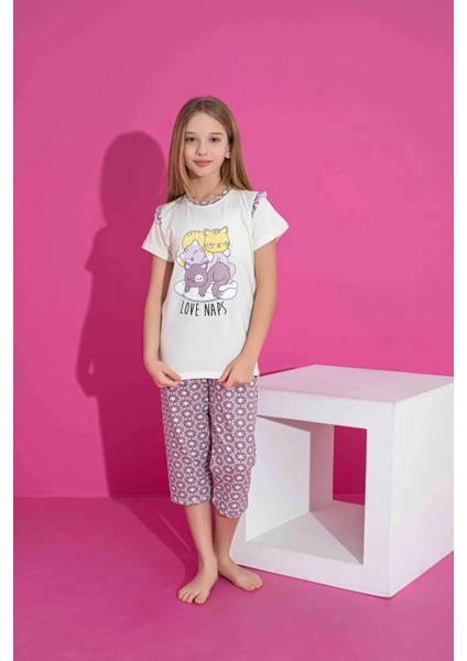 Kız Çocuk Kısa Kollu Kapri Likralı Penye Kumaş Orta Kalın Pijama TAKIMI-3061