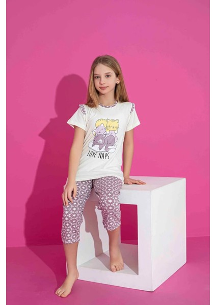 Kız Çocuk Kısa Kollu Kapri Likralı Penye Kumaş Orta Kalın Pijama TAKIMI-3061 fiyatları