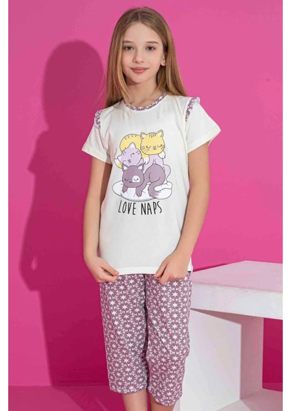 Kız Çocuk Kısa Kollu Kapri Likralı Penye Kumaş Orta Kalın Pijama TAKIMI-3061 modelleri