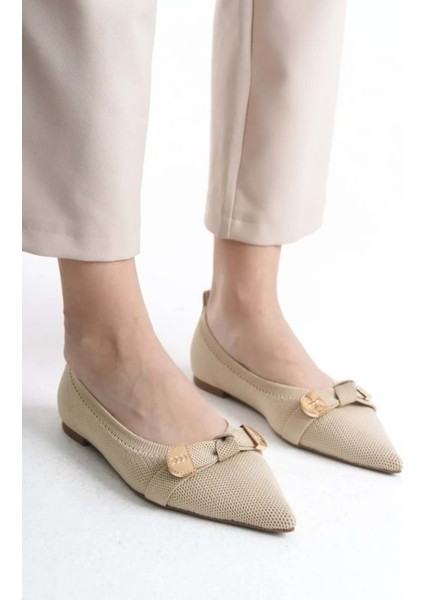 Feles Triko Fiyonk Detaylı Sivri Burun Kadın Babet Ayakkabı modelleri