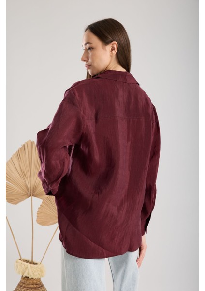Oversize Çift Cep Kapaklı Krinkıl Saten Kadın Gömlek