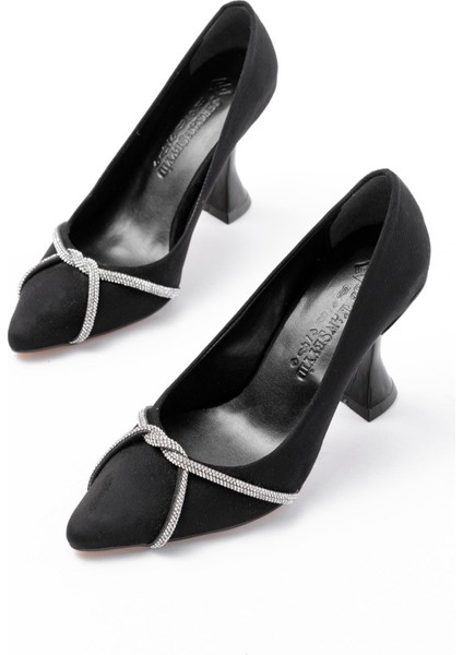 Siyah Süet Günlük Sarmal Taşlı Topuklu Kadın Ayakkabı modelleri