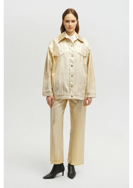 Varaklı Oversize Denim Ceket Gold