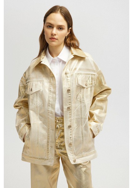 Varaklı Oversize Denim Ceket Gold fiyatları