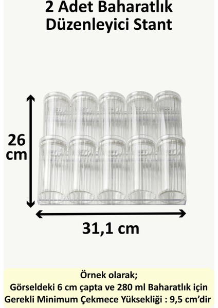 2 Adet Çekmece Içi Baharatlık Düzenleyici Stant 31,1*13 cm (Yuvarlak Kavanozlara Özel Tasarım) Z310