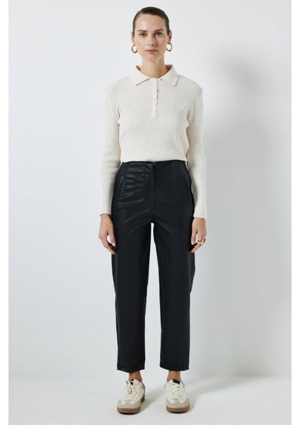 Timsah Desen Yüksek Bel Deri Pantolon Siyah