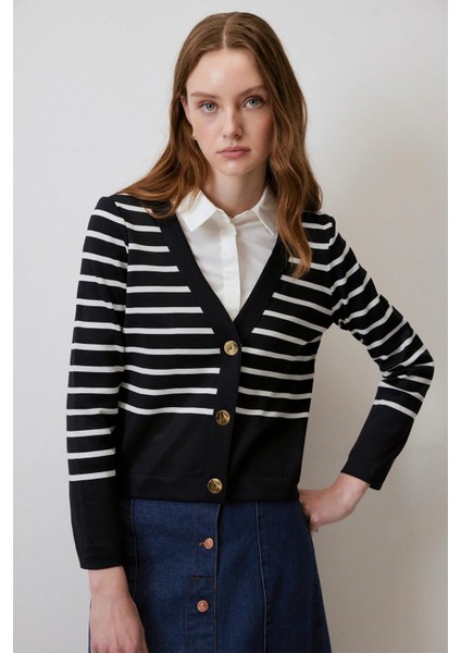 Çizgili Kısa Triko Hırka Lacivert