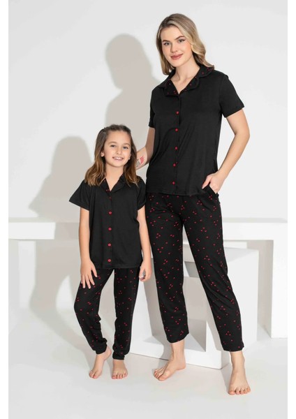 Anne Kız Kombin Kısa Kollu Gömlek Uzun Alt Milan Kumaş Orta Kalın Pijama TAKIMI-2922