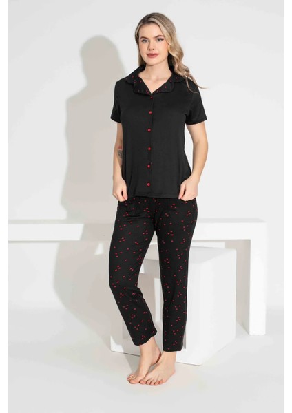 Anne Kız Kombin Kısa Kollu Gömlek Uzun Alt Milan Kumaş Orta Kalın Pijama TAKIMI-2922