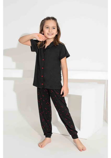 Anne Kız Kombin Kısa Kollu Gömlek Uzun Alt Milan Kumaş Orta Kalın Pijama TAKIMI-2922