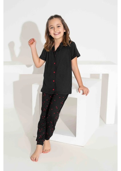 Anne Kız Kombin Kısa Kollu Gömlek Uzun Alt Milan Kumaş Orta Kalın Pijama TAKIMI-2922
