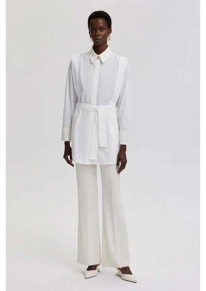 Dantel Detaylı Beli Kuşaklı Gömlek Ekru