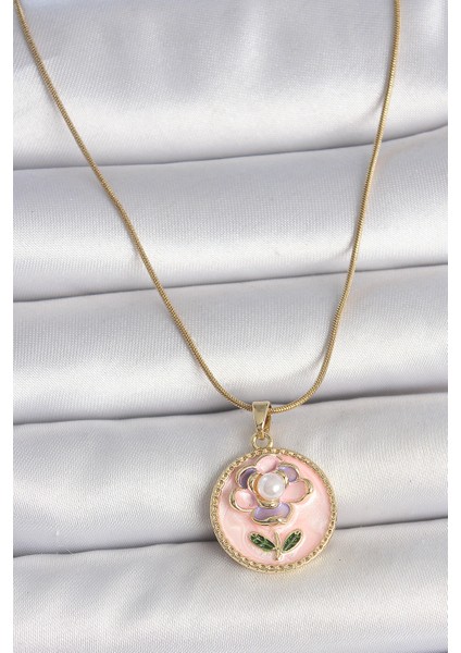 316L Çelik Gold Renk Zincir Pembe Çiçek Işlemeli Inci Detay Portre Model Kadın Kolye - TJ-BKO10087