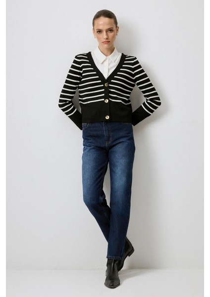 Çizgili Kısa Triko Hırka Siyah