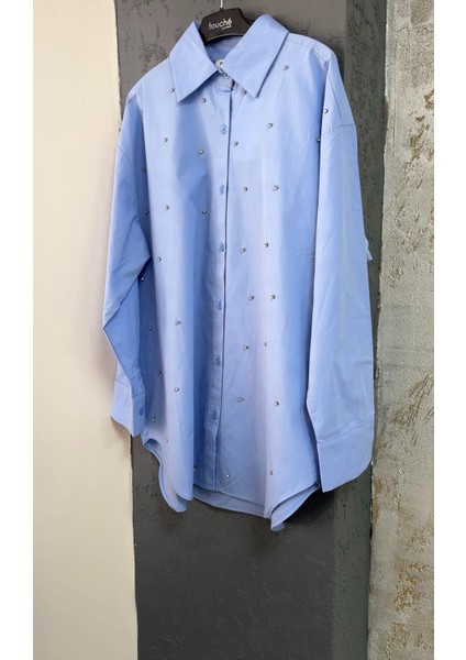 Taş Detaylı Oversize Gömlek Mavi
