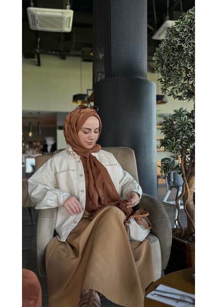 Yakası Nakışlı Denim Ceket Naturel