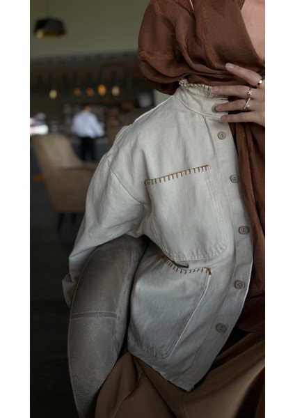 Yakası Nakışlı Denim Ceket Naturel fiyatları