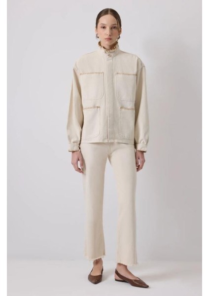 Yakası Nakışlı Denim Ceket Naturel fırsatları