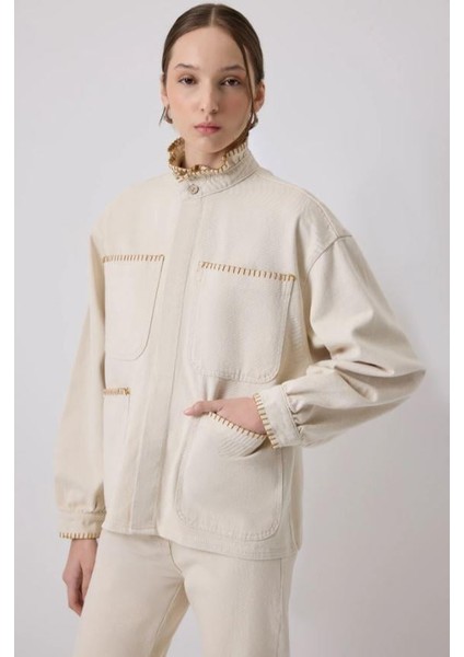 Yakası Nakışlı Denim Ceket Naturel indirimleri