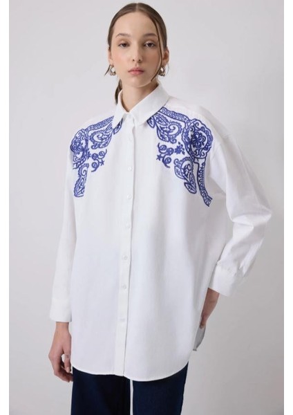 Önü Nakışlı Oversize Gömlek Ekru fiyatları