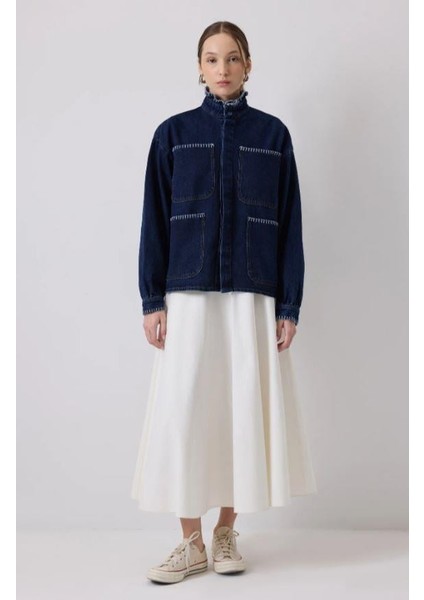 Yakası Nakışlı Denim Ceket Koyu Denim