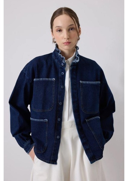 Yakası Nakışlı Denim Ceket Koyu Denim fiyatları