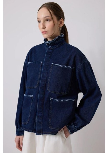 Yakası Nakışlı Denim Ceket Koyu Denim modelleri