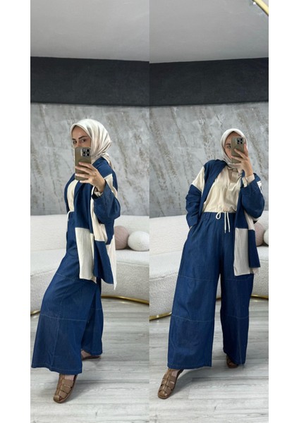 Blok Renkli Oversize Mevsimlik Ceket Denim