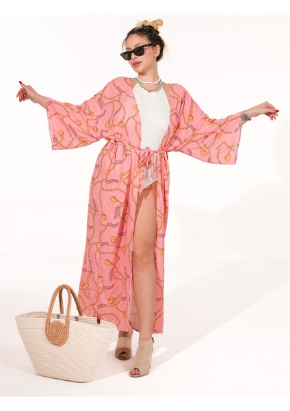 Kadın Pembe Desenli Kimono – Belden Bağlamalı – Yazlık Hafif Kumaş