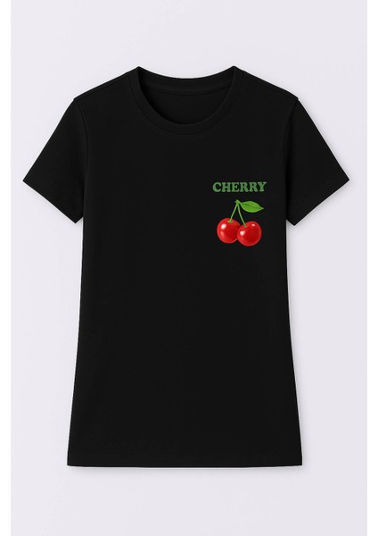 Kiraz Baskı Siyah Kadın T-Shirt Model 3