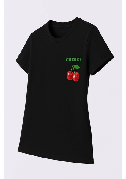 Kiraz Baskı Siyah Kadın T-Shirt Model 3