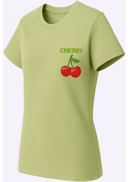 Kiraz Baskı Mint Yeşili Kadın T-Shirt Model 3