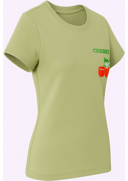 Kiraz Baskı Mint Yeşili Kadın T-Shirt Model 3 modelleri