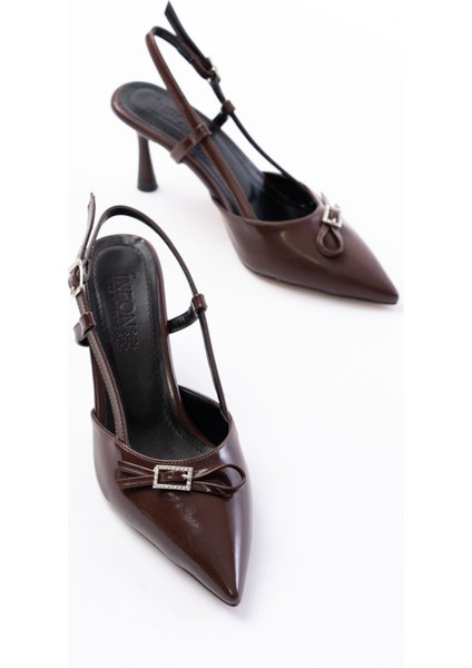 Kahve Rugan Günlük Arkası Açık Fiyonklu Topuklu Bayan Ayakkabı modelleri