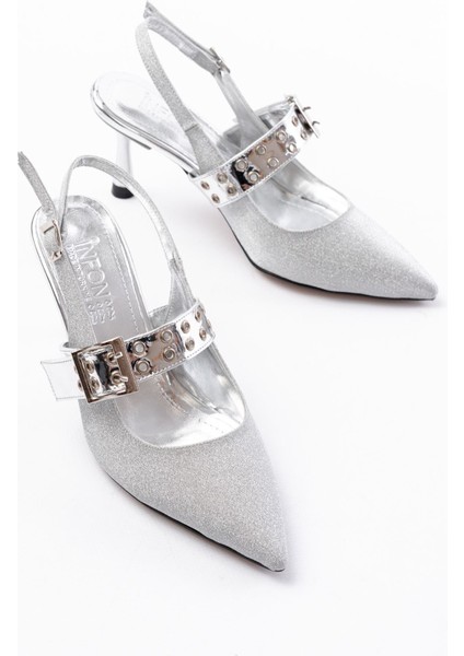 Gümüş Simli Günlük Arkası Açık Baret Tokalı Topuklu Bayan Ayakkabı modelleri