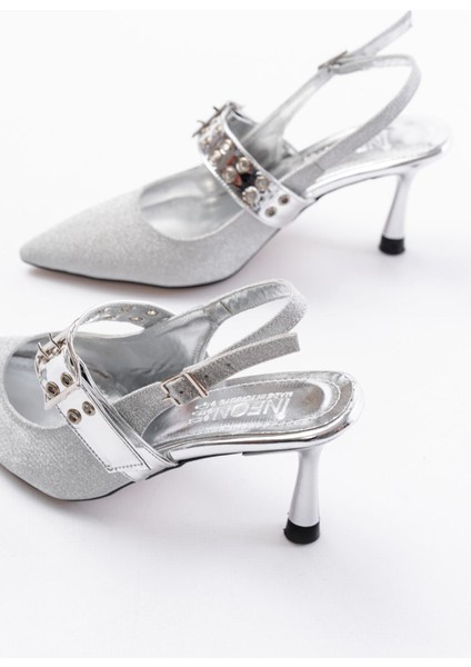 Gümüş Simli Günlük Arkası Açık Baret Tokalı Topuklu Bayan Ayakkabı indirimleri