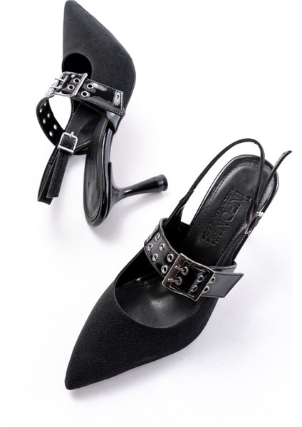 Siyah Simli Günlük Arkası Açık Baret Tokalı Topuklu Bayan Ayakkabı modelleri