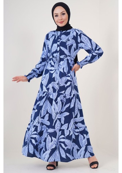 2145 Desenli Tesettür Elbise - Lacivert