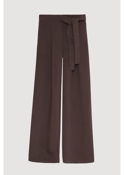 Beli Bağlama Detaylı Bol Paça Pantolon Kahverengi