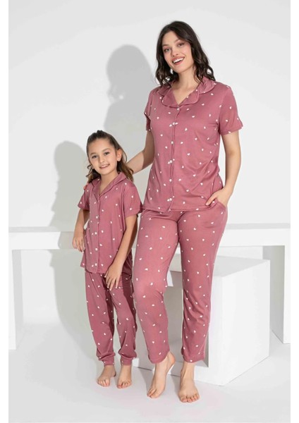 Anne Kız Kombin Kısa Kollu Gömlek Uzun Alt Milan Kumaş Orta Kalın Pijama TAKIMI-2909