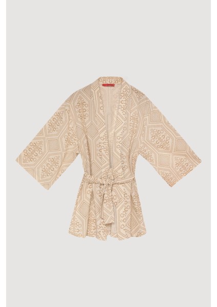Etnik Desenli Bağlamalı Kısa Kimono Naturel